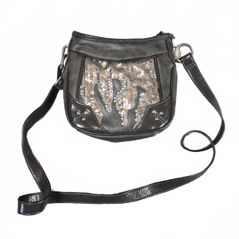 Y2K Rhinestone Sequin‎ Flames Gray Crossbody Bag Purse Satchl